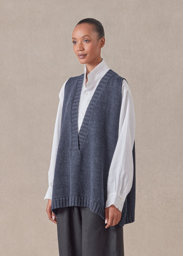 Eskandar Cotton Linen Mix Sleeveless A-line V-neck - Mid Plus