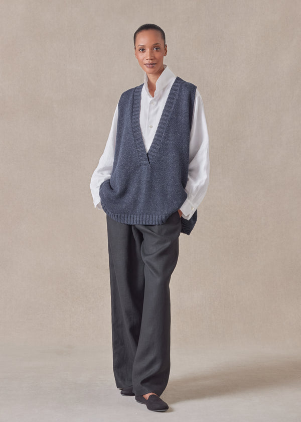 eskandar cotton linen mix sleeveless a-line v-neck - mid plus