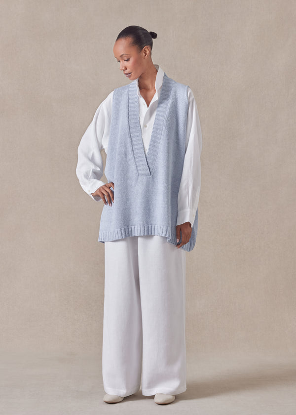 eskandar cotton linen mix sleeveless a-line v-neck - mid plus