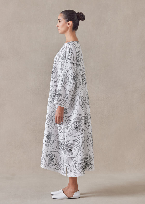 Eskandar Cotton Linen Mix Wide A-line Scoop Neck Dress