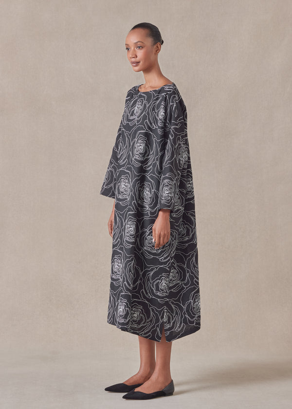 Eskandar Cotton Linen Mix Wide A-line Scoop Neck Dress