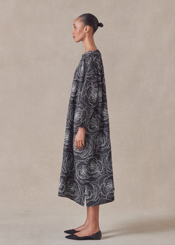 Eskandar Cotton Linen Mix Wide A-line Scoop Neck Dress