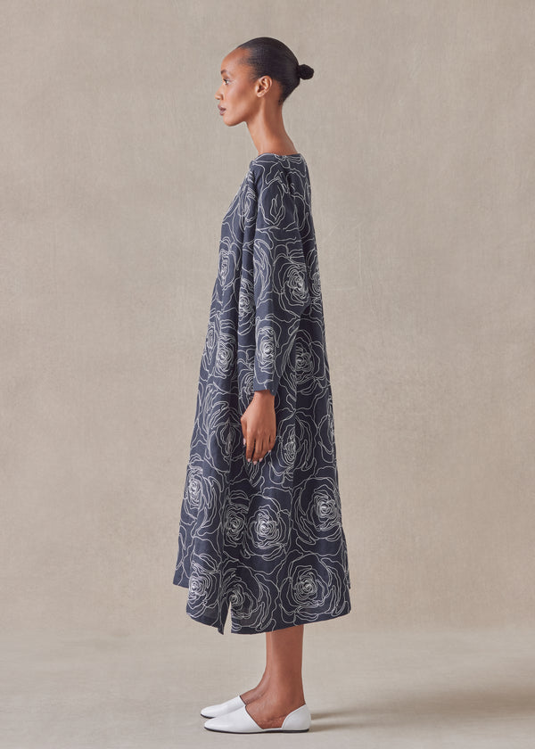 Eskandar Cotton Linen Mix Wide A-line Scoop Neck Dress