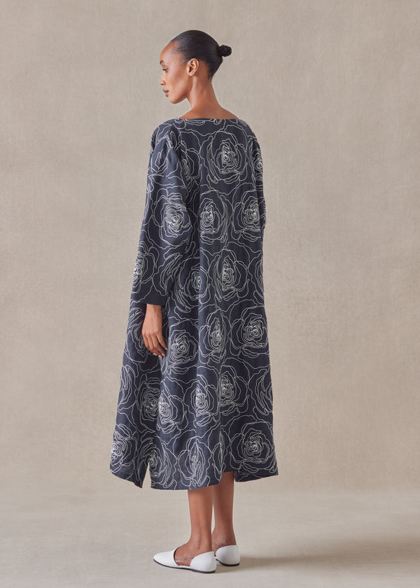 Eskandar Cotton Linen Mix Wide A-line Scoop Neck Dress