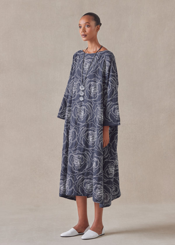 eskandar cotton linen mix wide a-line scoop neck dress