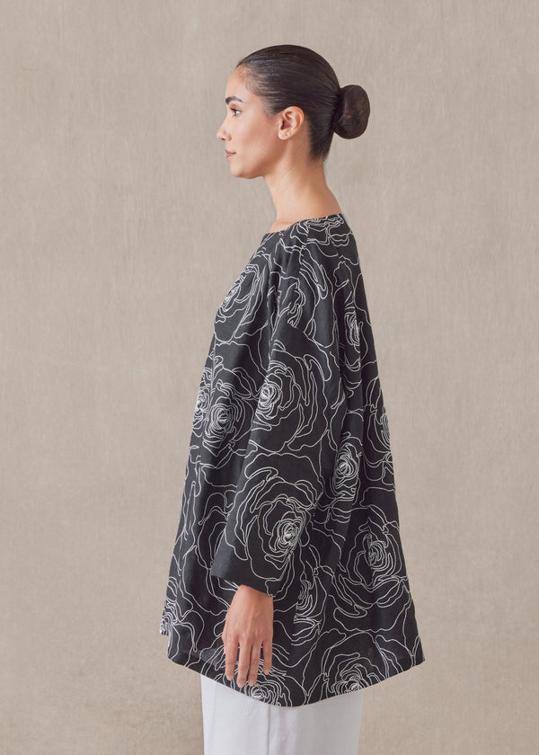 Eskandar Cotton Linen Mix Wide A-line Scoop Neck Tunic - Long