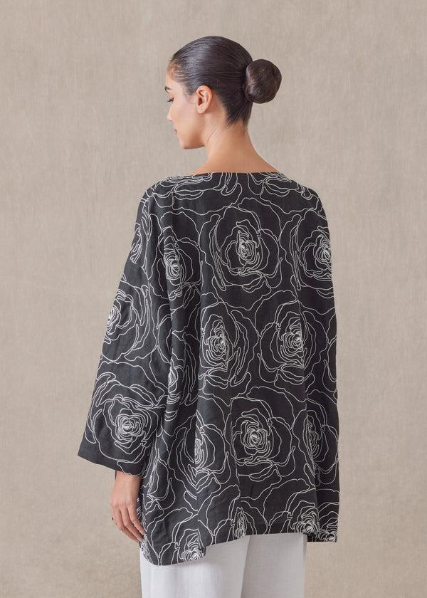 Eskandar Cotton Linen Mix Wide A-line Scoop Neck Tunic - Long