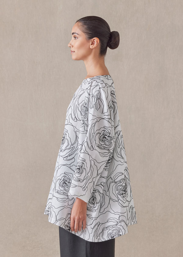 Eskandar Cotton Linen Mix Wide A-line Scoop Neck Tunic - Long