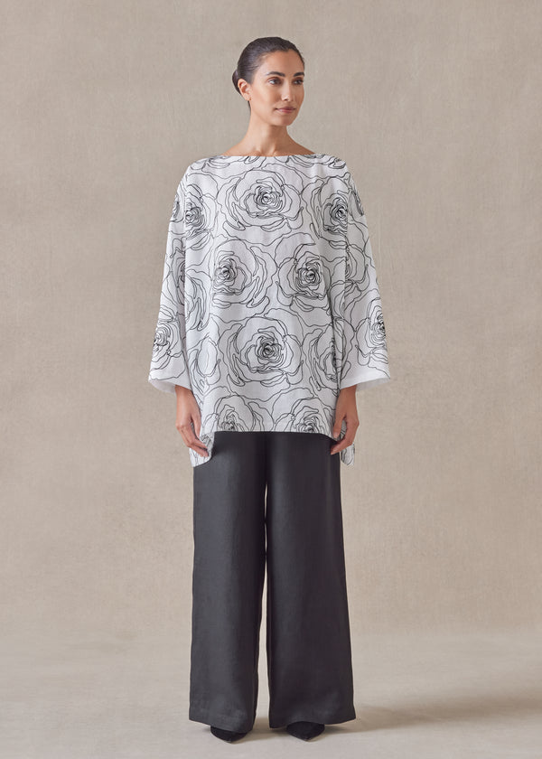 eskandar cotton linen mix wide a-line scoop neck tunic - long