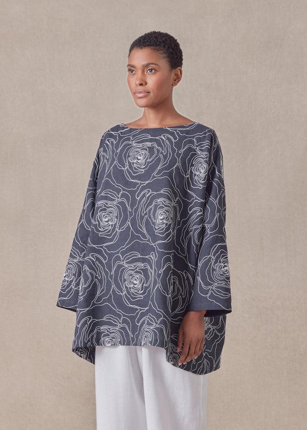 Eskandar Cotton Linen Mix Wide A-line Scoop Neck Tunic - Long