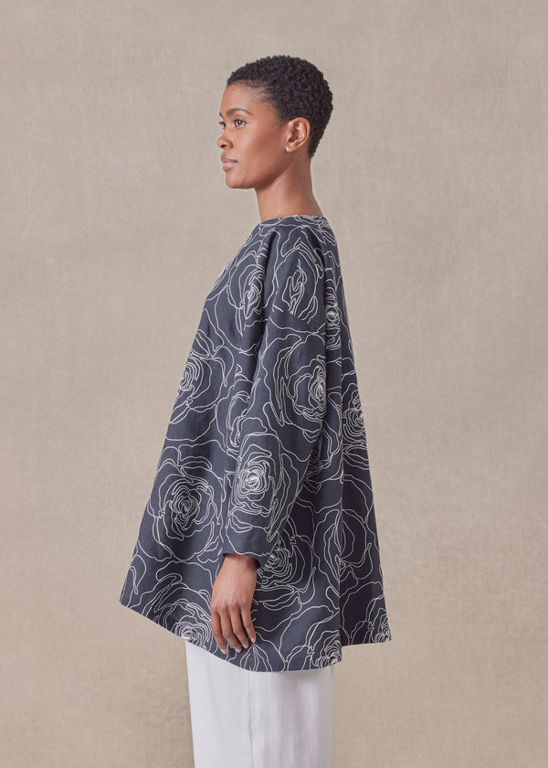 Eskandar Cotton Linen Mix Wide A-line Scoop Neck Tunic - Long