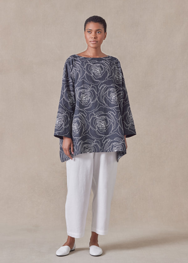 eskandar cotton linen mix wide a-line scoop neck tunic - long