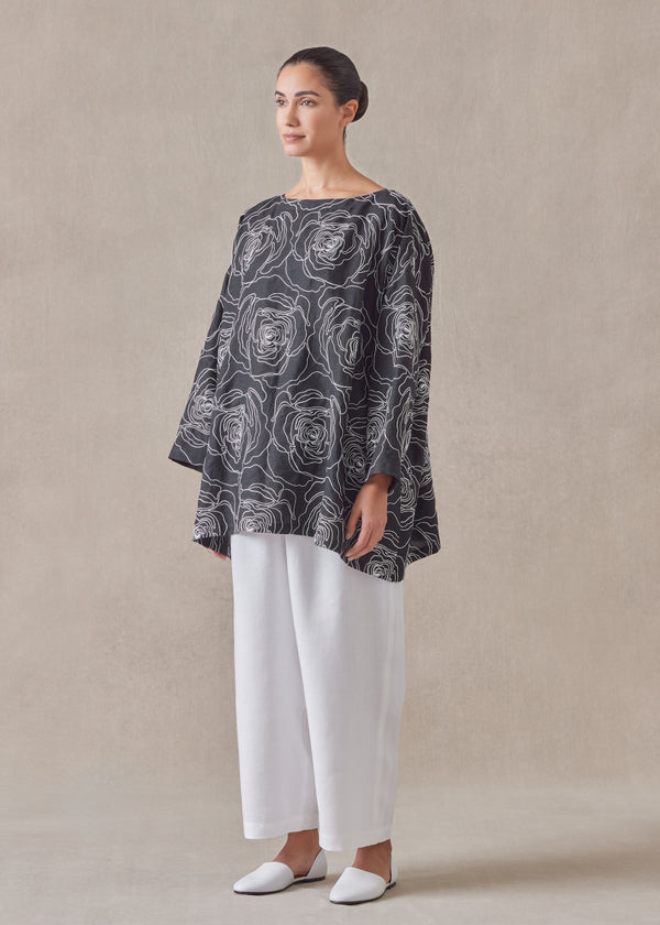 eskandar cotton linen mix wide a-line scoop neck tunic - long