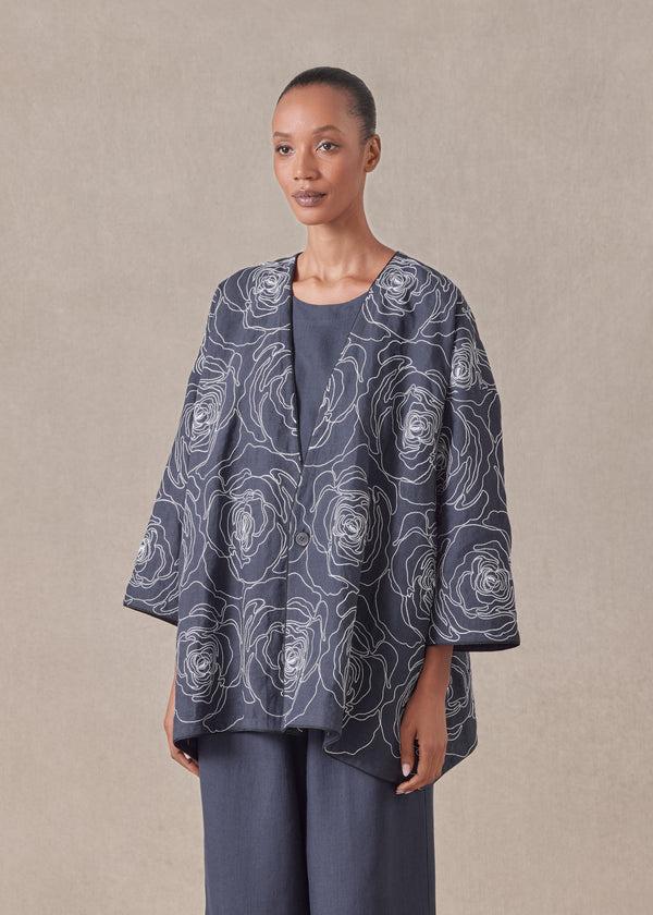 Eskandar Cotton Linen Mix Wide A-line V-neck Jacket - Long