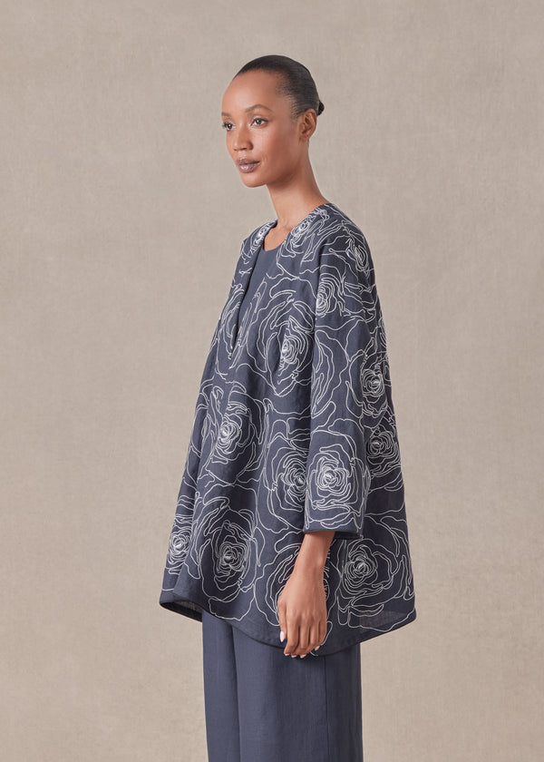 Eskandar Cotton Linen Mix Wide A-line V-neck Jacket - Long