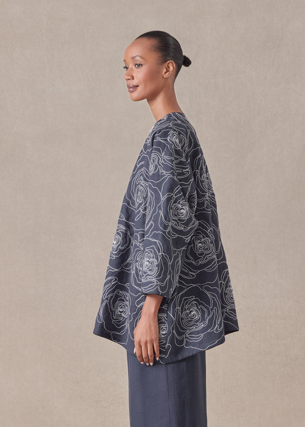 Eskandar Cotton Linen Mix Wide A-line V-neck Jacket - Long