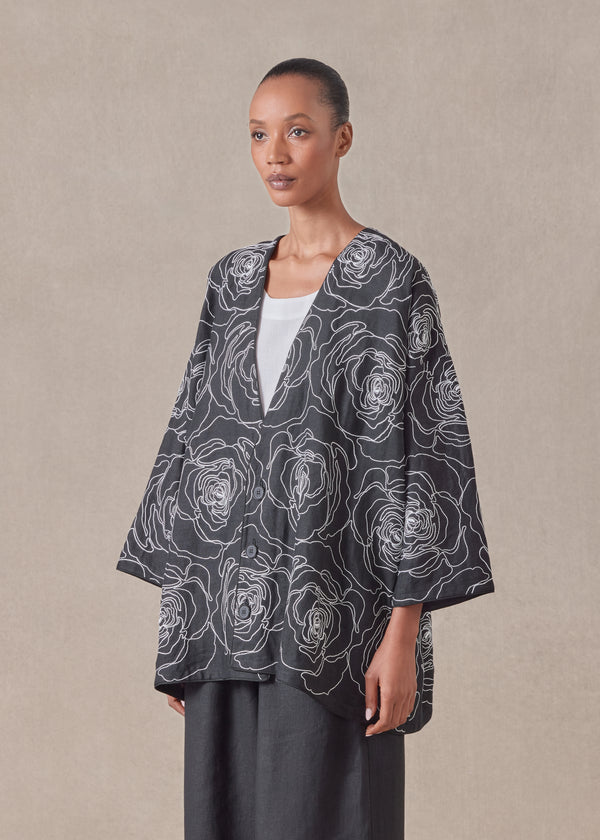 Eskandar Cotton Linen Mix Wide A-line V-neck Jacket - Long