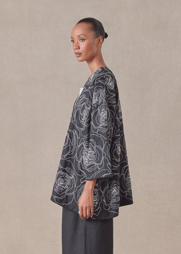 Eskandar Cotton Linen Mix Wide A-line V-neck Jacket - Long