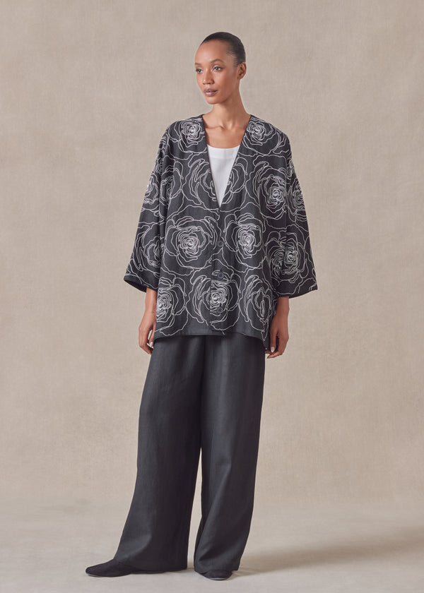 eskandar cotton linen mix wide a-line v-neck jacket - long