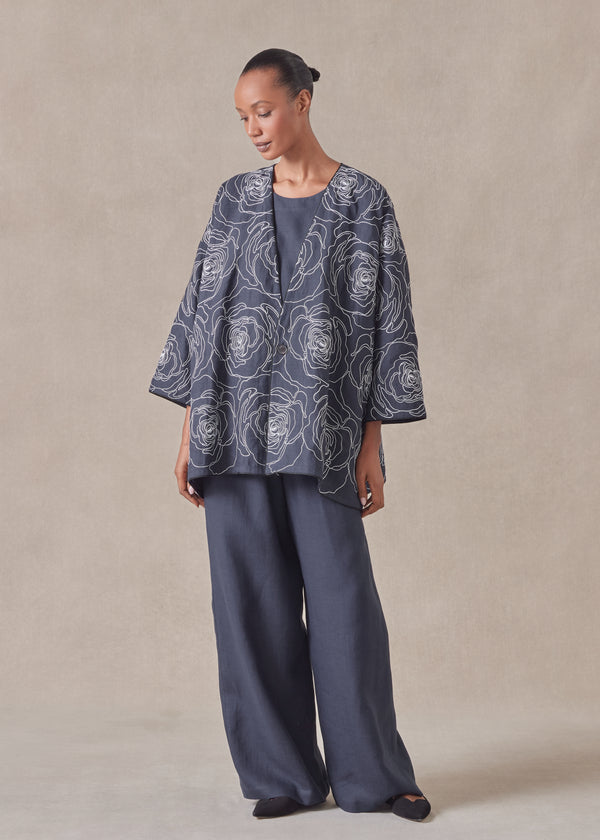 eskandar cotton linen mix wide a-line v-neck jacket - long