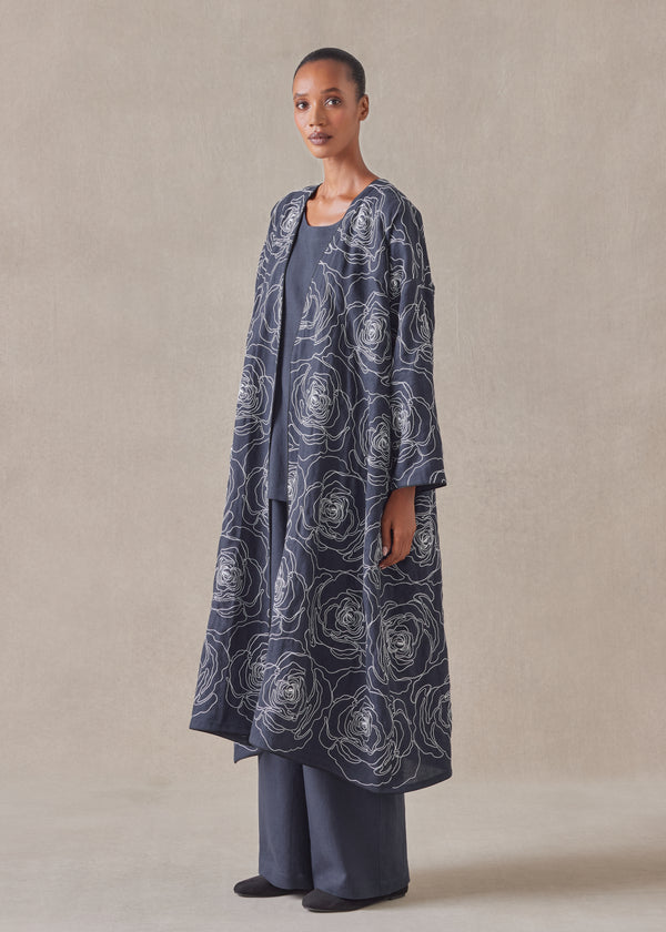 Eskandar Cotton Linen Mix Wide A-line V-neck Open Coat