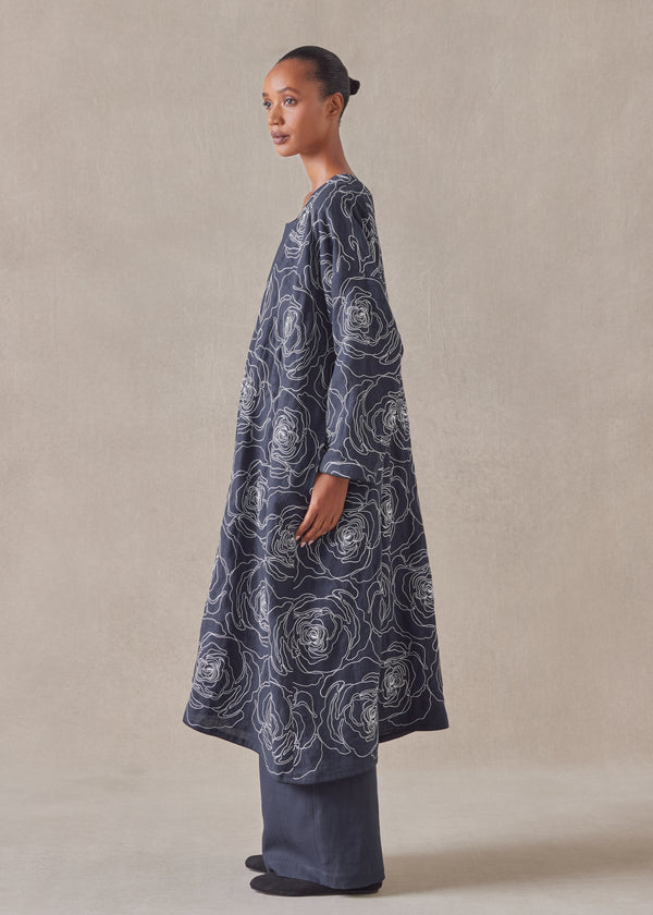 Eskandar Cotton Linen Mix Wide A-line V-neck Open Coat