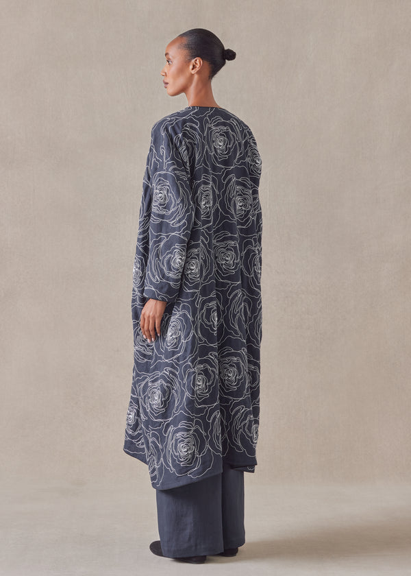 Eskandar Cotton Linen Mix Wide A-line V-neck Open Coat