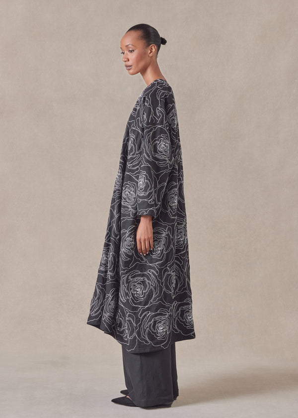 Eskandar Cotton Linen Mix Wide A-line V-neck Open Coat