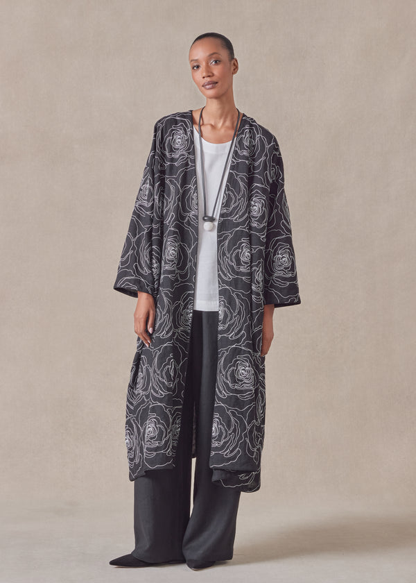 eskandar cotton linen mix wide a-line v-neck open coat