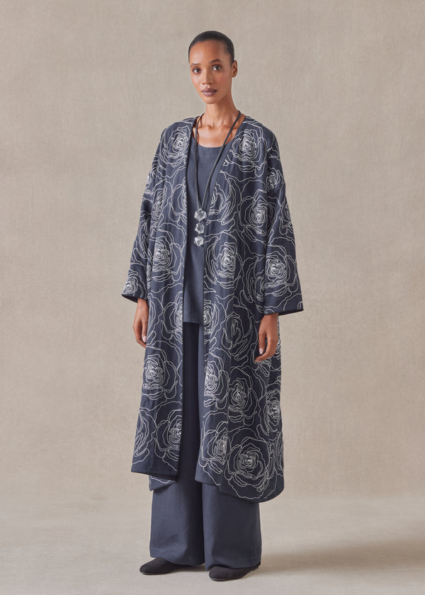 eskandar cotton linen mix wide a-line v-neck open coat