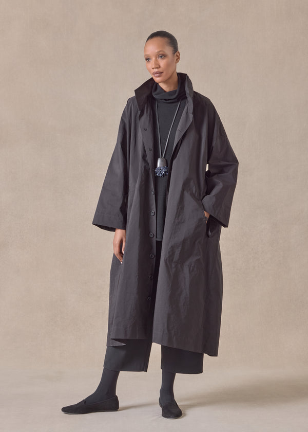 eskandar cotton mix smaller front larger back high neck coat with button away hood - full length