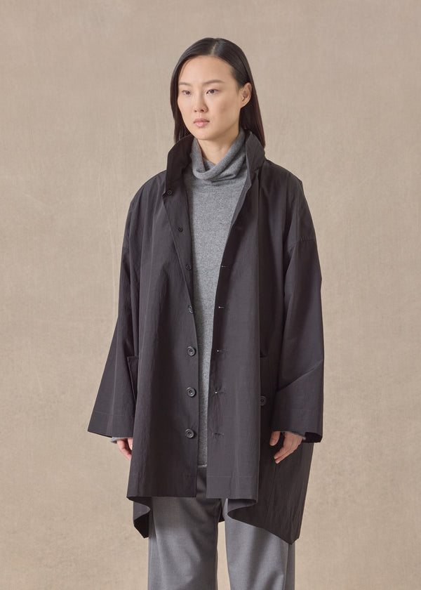 Eskandar Cotton Mix Smaller Front Larger Back High Neck Coat With Button Away Hood - Long Plus