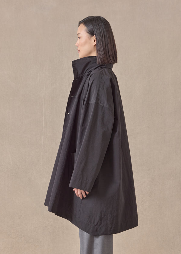 Eskandar Cotton Mix Smaller Front Larger Back High Neck Coat With Button Away Hood - Long Plus