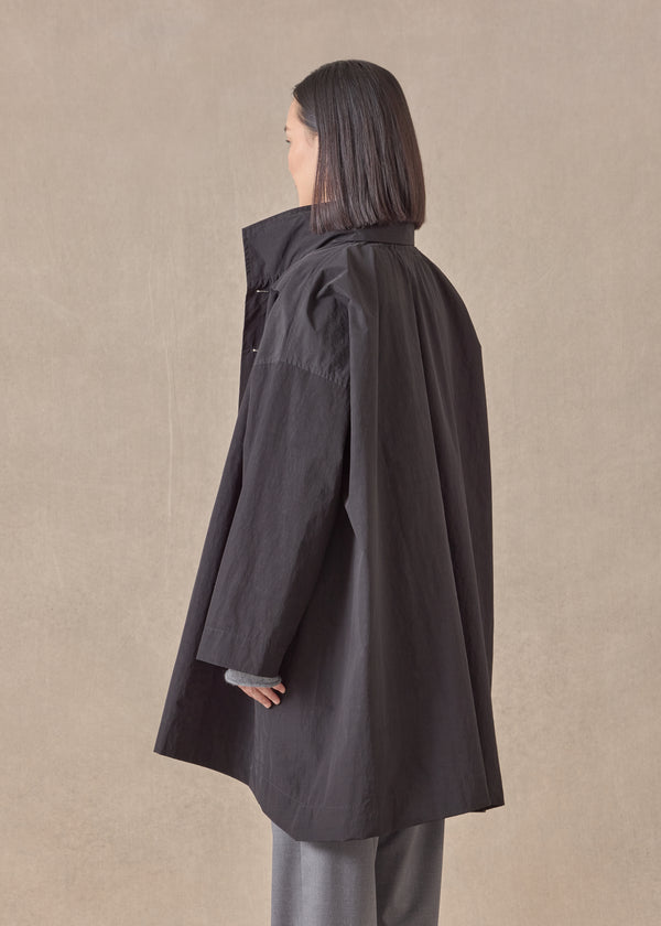 Eskandar Cotton Mix Smaller Front Larger Back High Neck Coat With Button Away Hood - Long Plus