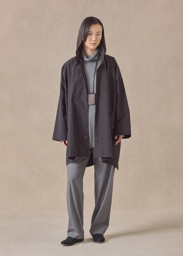 eskandar cotton mix smaller front larger back high neck coat with button away hood - long plus