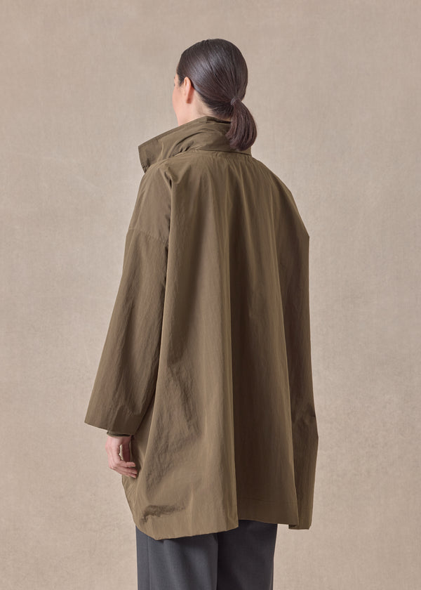 Eskandar Cotton Mix Smaller Front Larger Back High Neck Coat With Button Away Hood - Long Plus