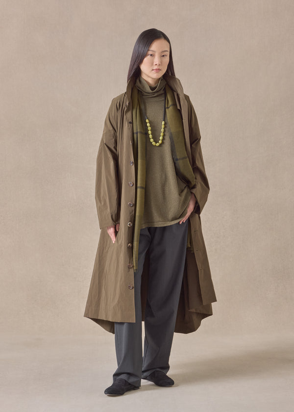 eskandar cotton mix smaller front larger back high neck coat with button away hood - full length