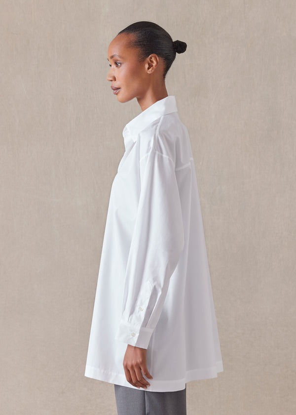 Eskandar Cotton Poplin Slim A-line Back Pleat Shirt With Collar - Long Plus