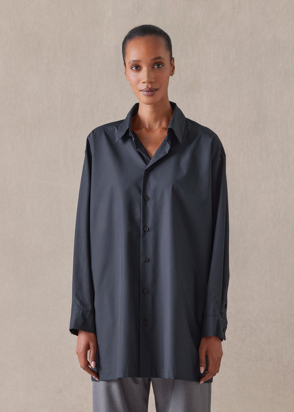 Eskandar Cotton Poplin Slim A-line Back Pleat Shirt With Collar - Long Plus