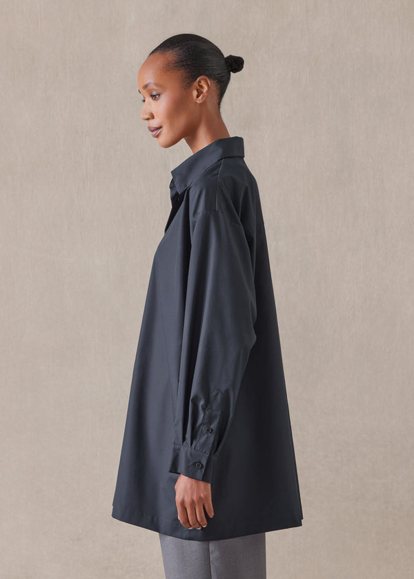 Eskandar Cotton Poplin Slim A-line Back Pleat Shirt With Collar - Long Plus