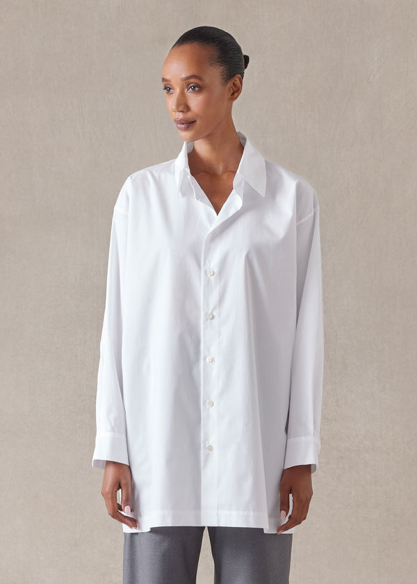 eskandar cotton poplin slim a-line back pleat shirt with collar - long plus