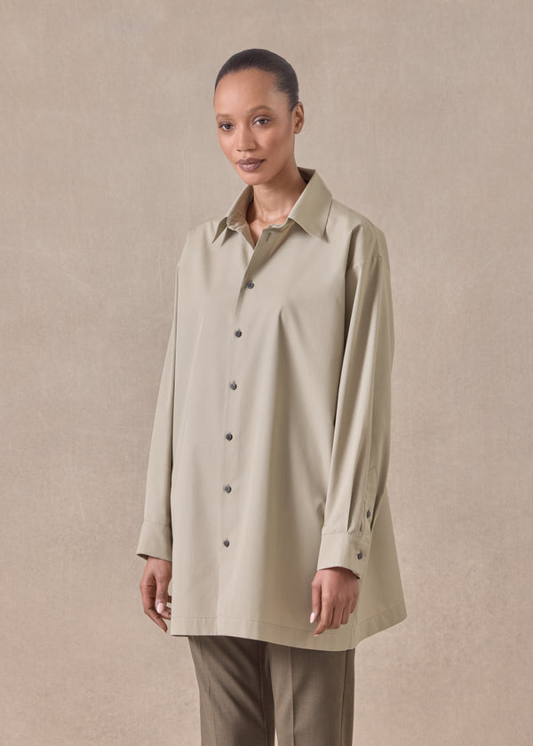 eskandar cotton slim a-line back pleat shirt with collar - long plus