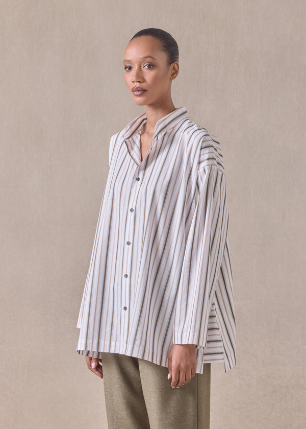 Eskandar Cotton Slim A-line Collarless Shirt With Stepped Insert - Long