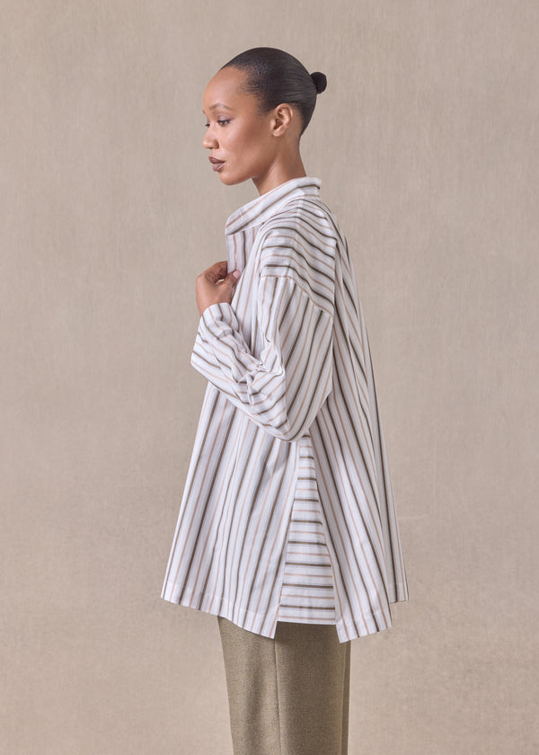 Eskandar Cotton Slim A-line Collarless Shirt With Stepped Insert - Long