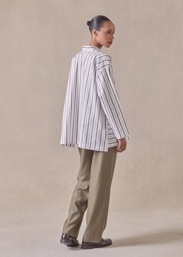 Eskandar Cotton Slim A-line Collarless Shirt With Stepped Insert - Long