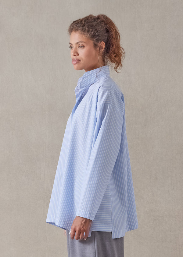 Eskandar Cotton Slim A-line Double Stand Collar Shirt With Stepped Insert - Long