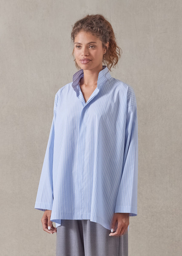 eskandar cotton slim a-line double stand collar shirt with stepped insert - long