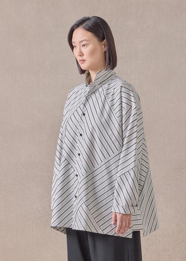 Eskandar Cotton Slim A-line Double Stand Collar Shirt With Stepped Insert - Long (patchwork)