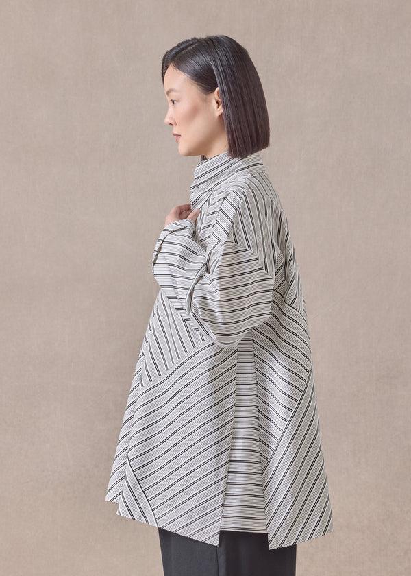 Eskandar Cotton Slim A-line Double Stand Collar Shirt With Stepped Insert - Long (patchwork)