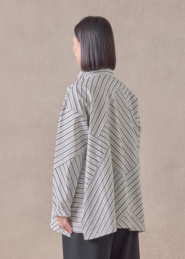 Eskandar Cotton Slim A-line Double Stand Collar Shirt With Stepped Insert - Long (patchwork)